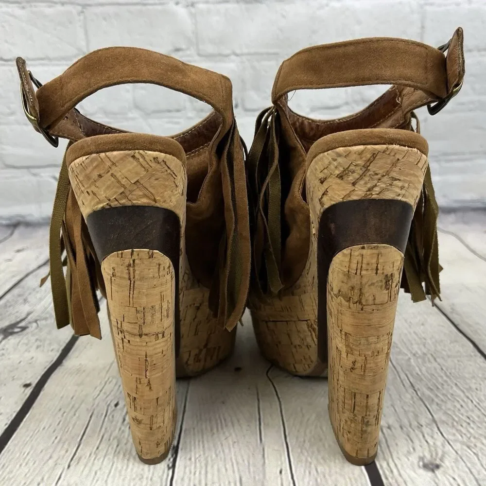 Enigma Fringe Wedge Sandal Womens Size 37 /6.5 US Brown Faux Suede Boho Hippie